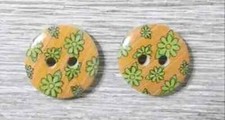 wood flowers buttons sewing 2 holes 1/2 inch orange green 2pc