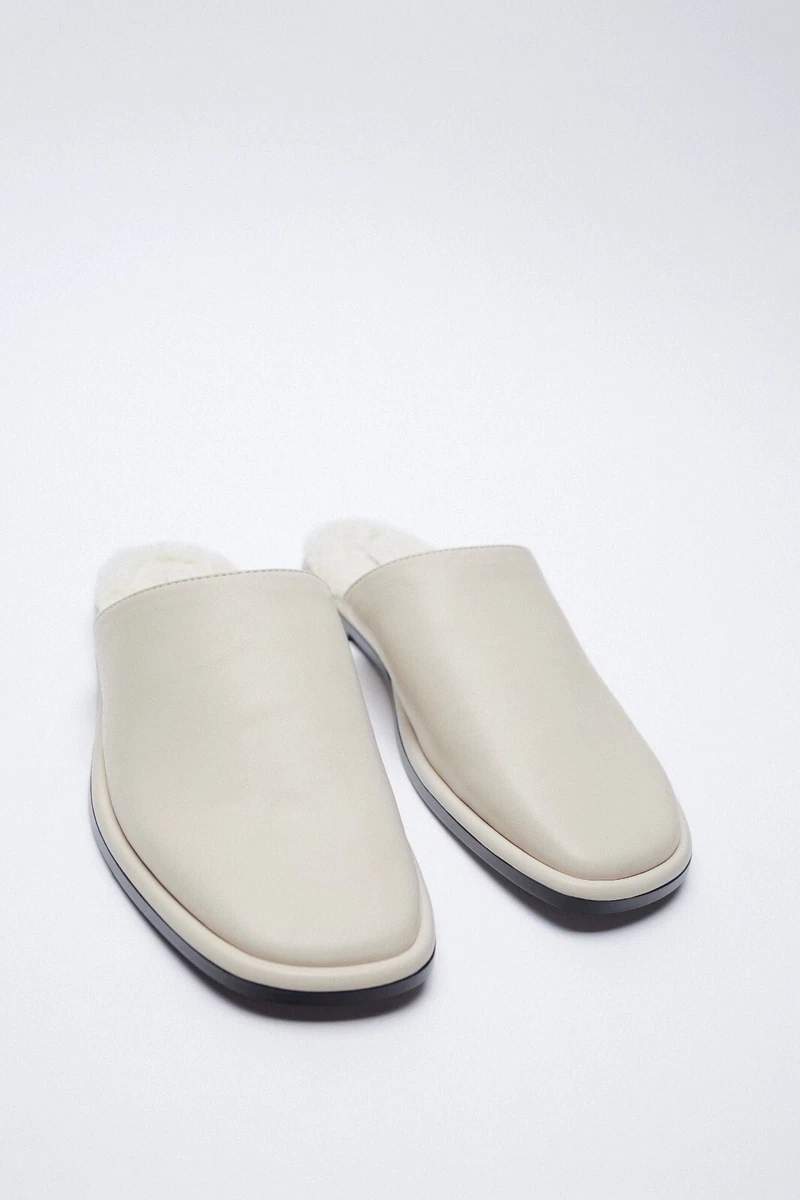 Zara Size 4 37 Cream White Flat Mules With Faux Fur Lining Shoes