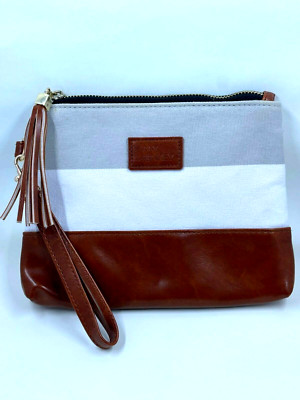 Funky Monkey Large Clutch, Gray/White Stripe & Soft Brown Vegan Leather Bottom