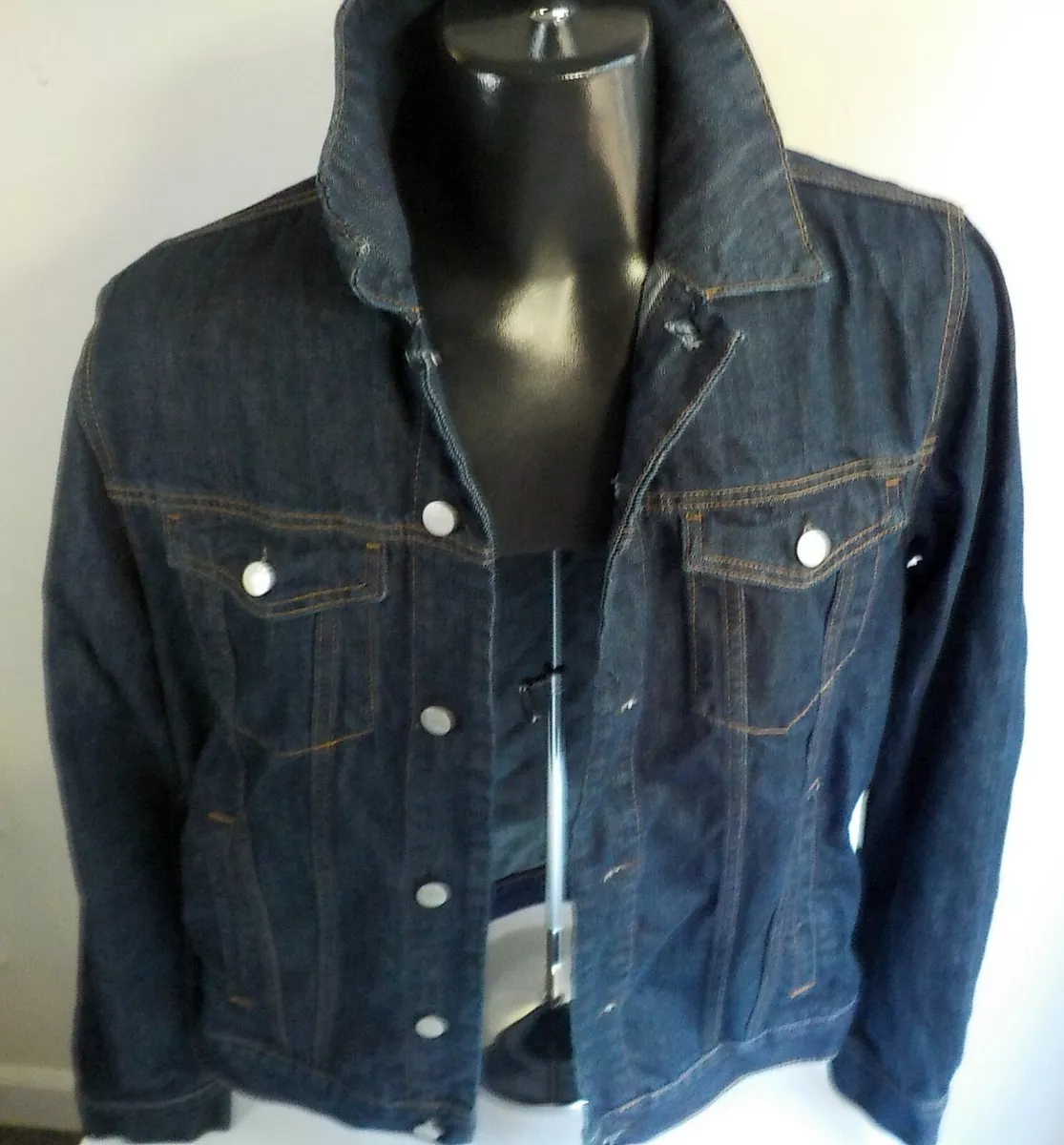 GAP Dark Washed Denim Jacket Women’s SZ LARGE Rust Stitching