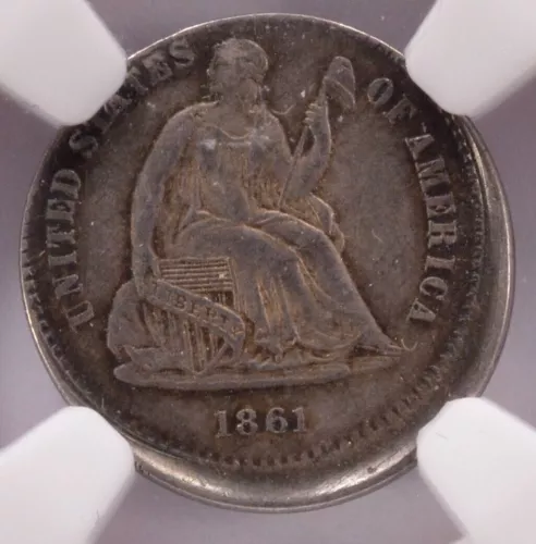 1861 H10C Seated Half Dime Struck 10% Off-Center NGC AU-58