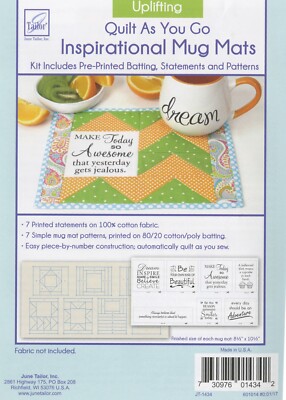 Tailor QUILT AS YOU GO Set of 7 Uplifting Mug Mats Pre-Printed Batting Pkg