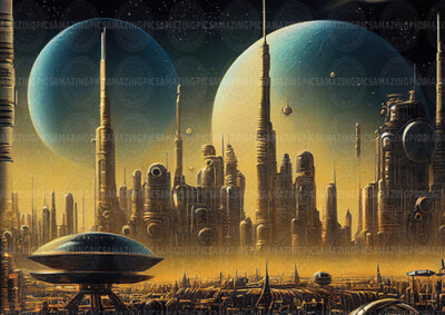 Futuristic Cityscape Sci-Fi Art Print, Golden Alien Metropolis With ...