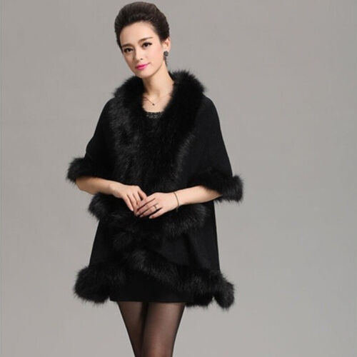 Lady Knit Poncho Cape Faux Fur Collar Wrap Shawl Warm Cloak Cardigan Sweater Top - Picture 15 of 22