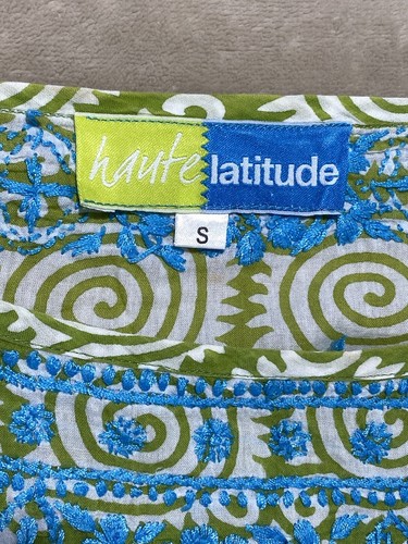 Swim Coverup Haute Latitude Tunic Top SM Women Embroidered V Neck Turquoise Lime - Picture 3 of 12