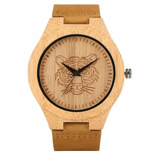 Casual Nature Wood Bamboo Watch Tiger Deer Dial Leather Band Men Quartz Watches - Picture 11 of 12