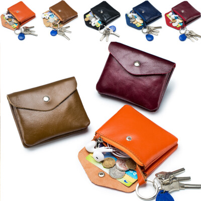 Men Women Mini Wallet Real Leather Purse with Key Ring Zip Card Coin Holder Bag