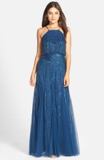Adrianna Papell New Womens Blue Halter Mesh Embellished Gown 14  370