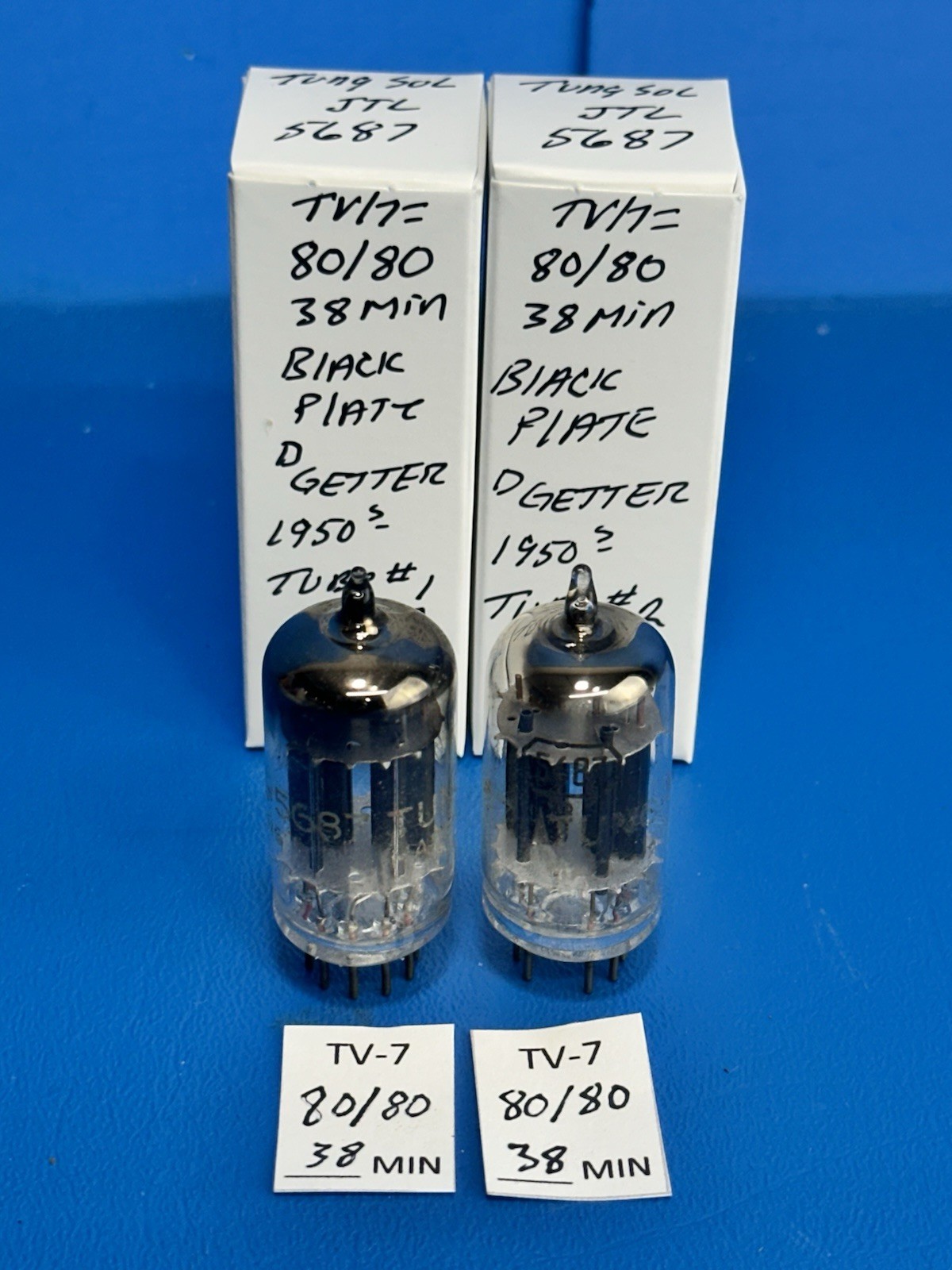 MATCHED PAIR 1950s BLACK PLATE D GETTER TUNG SOL  JTL 5687 TUBES OVER 100%