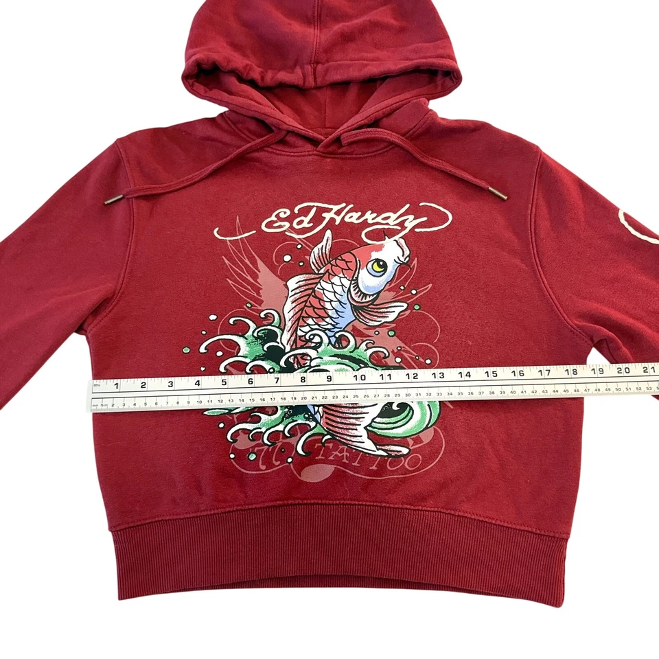 Sudadera con capucha corta Ed Hardy para mujer Koi pez gráfico granate talla pequeña Foto 4 de 4