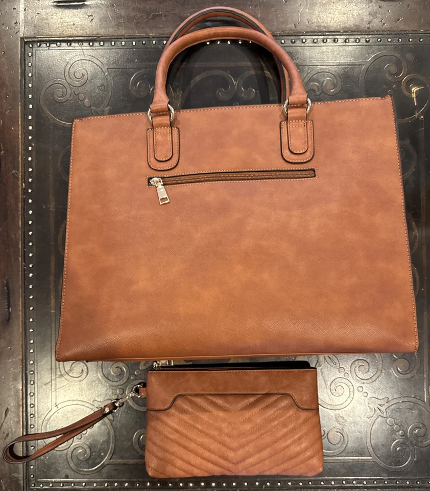 NEW Faux Leather Laptop Bag & Purse Set Cognac Brown Shopper Career Handbag Tote - Image 4 of 4