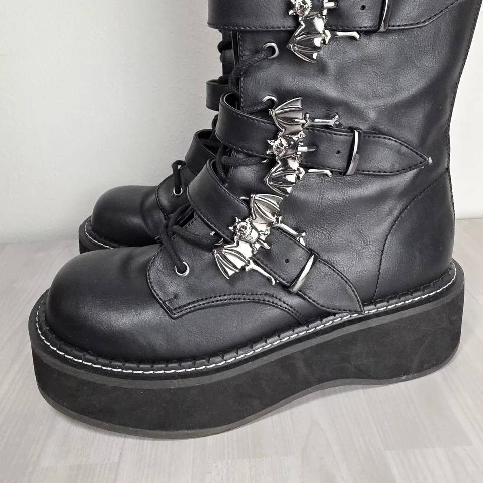 Demonia Emily-322 黑色厚底中筒靴 Goth Punk Alt Chunky Zip 女式 8 — 第 3/4 张图片