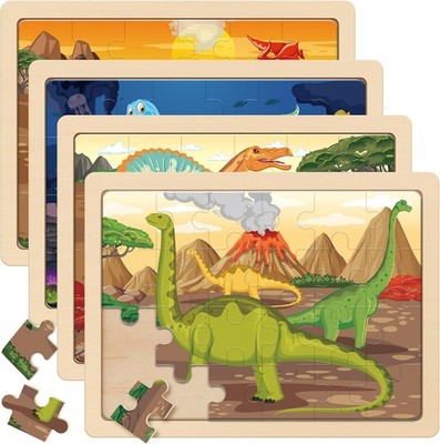 SYNARRY Dinosaurier Holzpuzzle 4x24 Teilen Vorschule Lernspielzeug