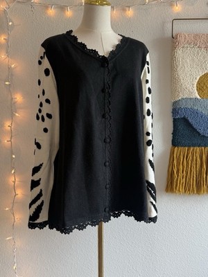 Michael Simon Black & White Polka Dot Cardigan Sweater Rare Vintage Size 0X