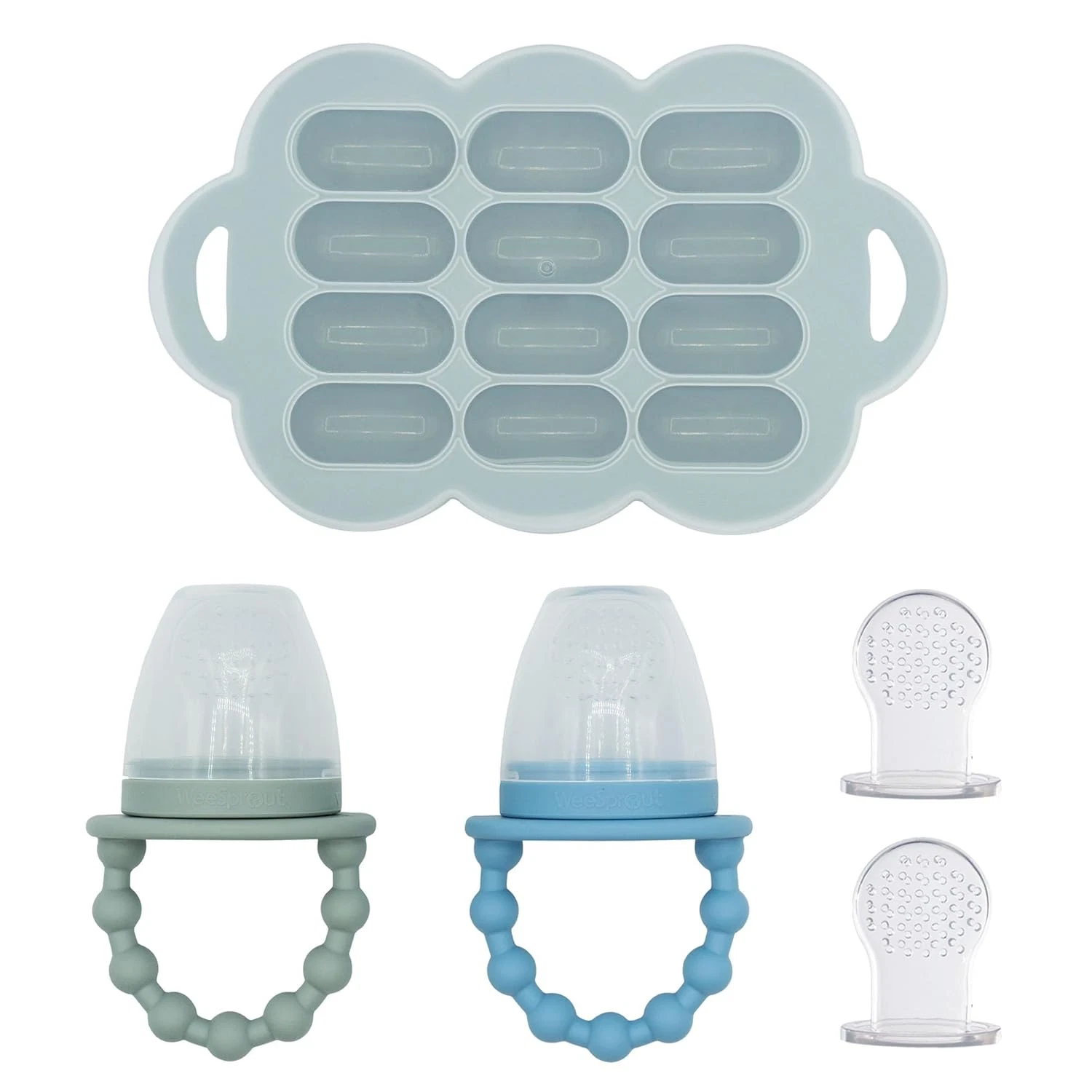 Baby Food Feeder Set - 2 Silicone Feeders & Reusable Freezer Tray with Lid - Bpa