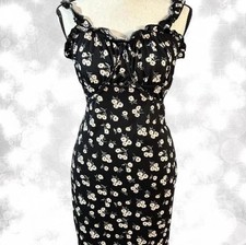 Elegant Floral Cottagecore Feminine Ruffle Style Babydoll Midi Black Dress