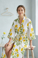 Long Cotton Kimono Robes Sleepwear Indian White Floral Print Night Suit Kimono