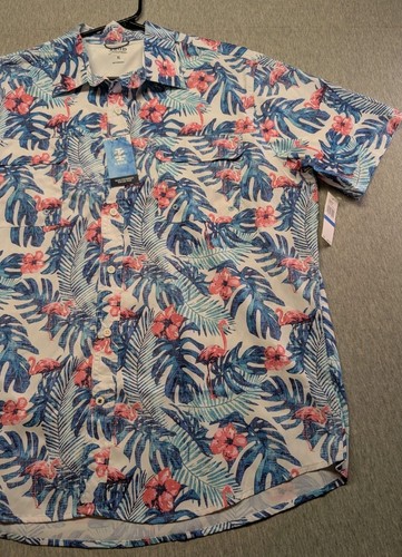 Izod Saltwater Hawaiian Aloha XL Shirt Hibiscus Flamingos Palm Tropical - Picture 3 of 8