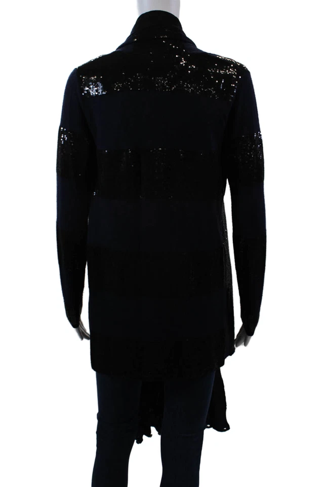 Alice + Olivia Womens Striped Sequin Knit Cardigan Sweater Navy Black Wool XS - Image 3 of 4