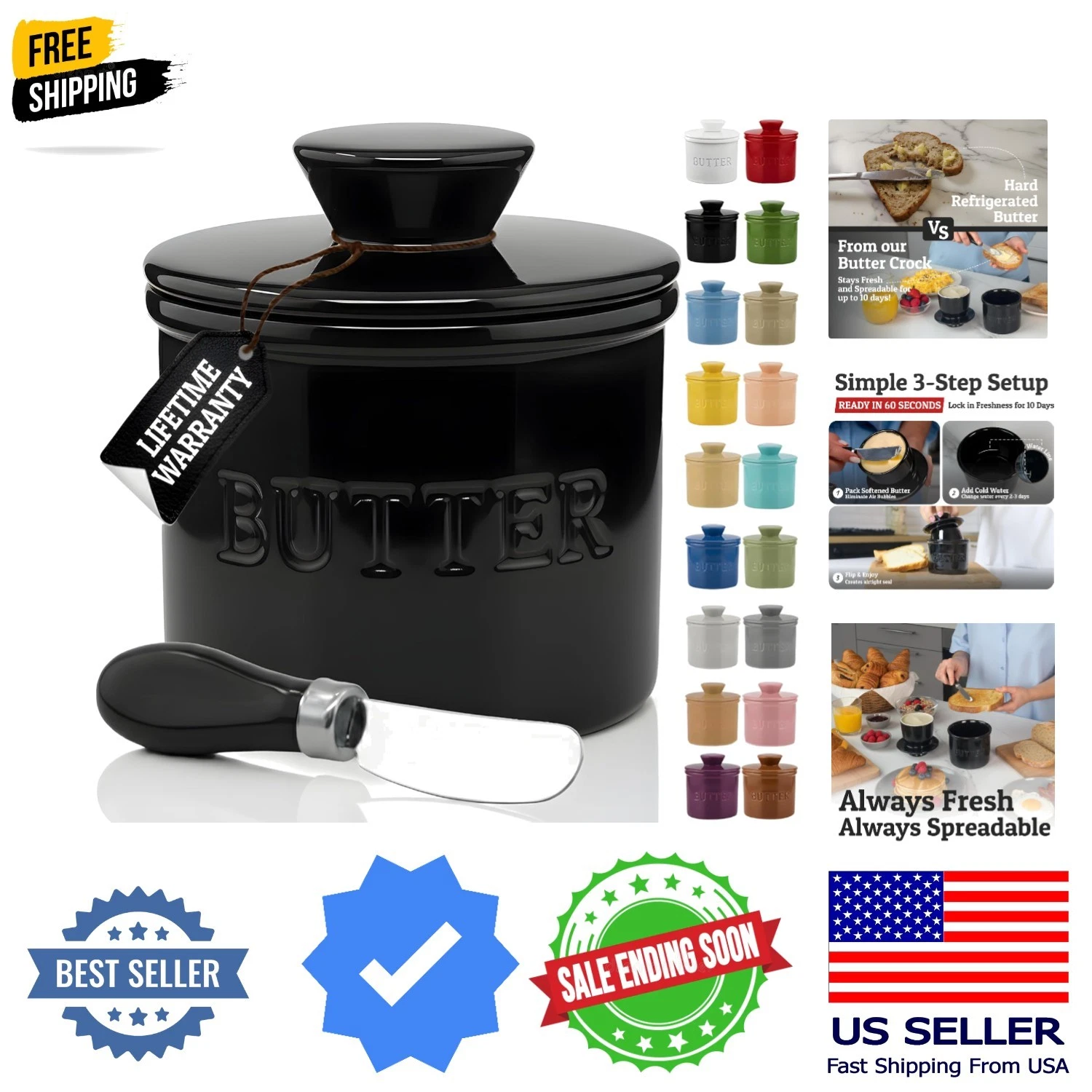 Butter Crock with Lid with Water Line, Ceramic French Butter Dish to Leave On...