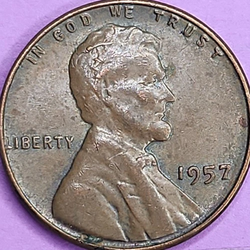 1957-p Error Lincoln Wheat Cent Large Die/Crack Chip On His Head Vg+ Condition