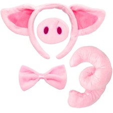 Bvrbaory Pig Costume Set,Pig Ears Headband,Tail,Nose,Bow Tie,Animal Pig, Pink