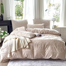 Queen Size Duvet Cover 3 Pieces Set Beige Boho Tufted with Zipper for All Sea...