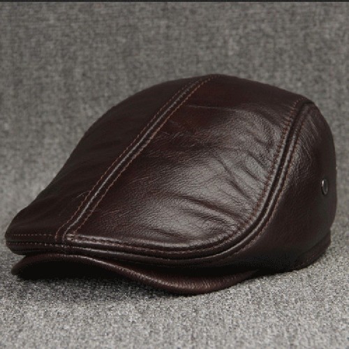 Mens 100% Cowhide Leather Ivy Big Lip Cap Beret Newsboy Cabbie Hat With Ear Flap - Picture 5 of 15