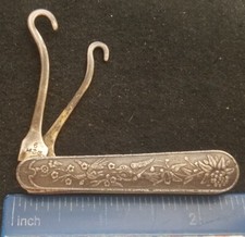 Victorian Era Sterling Silver Folding Button Hook , Engraved Handles