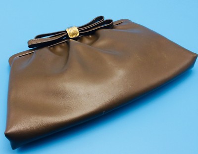 Vtg MC After Five Brown Clutch Chain Handle Satin Lined w Coin Purse Bow Clasp