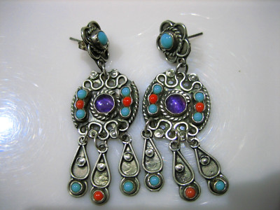 VINTAGE 1970'S 950 SILVER AMETHYST TURQUOISE CORAL EARRINGS BY ESCORCIA