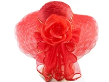 Red Hat Church Derby Dress Tea Party Wide Brim Silk Rose Chiffon Society Lady