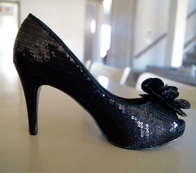 black sequin peep toe heels