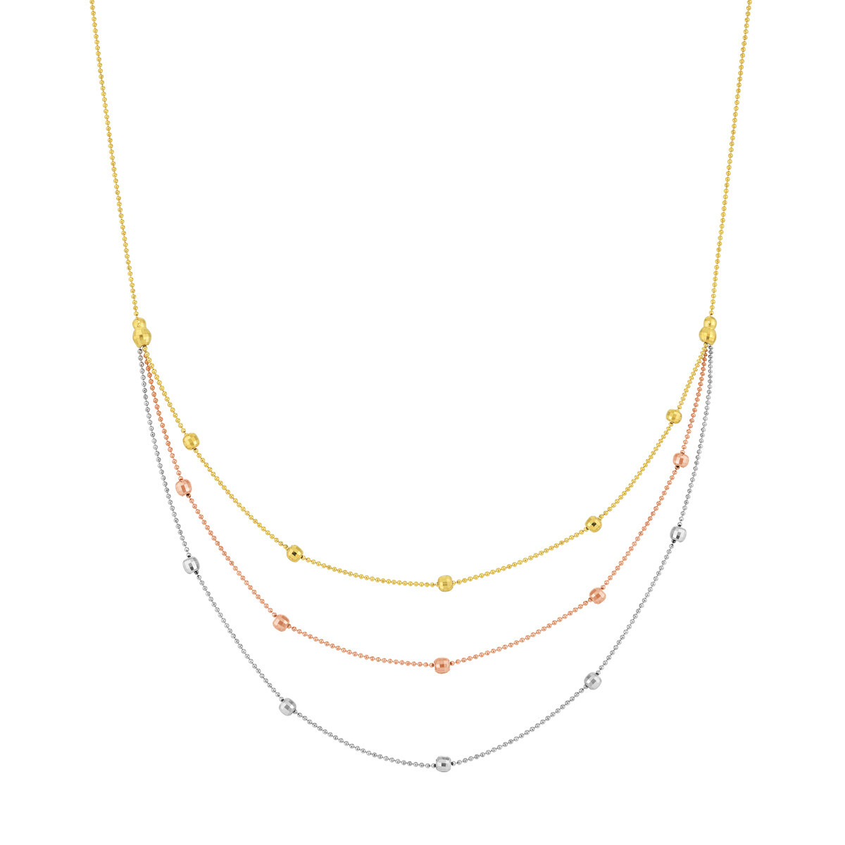 Ball Bead Chain Triple Strand Layered Necklace 14K Solid Yellow