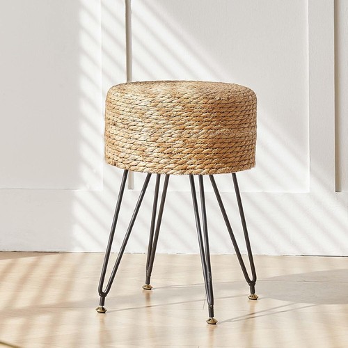 Elegant Round Seagrass Footstool with Soft Foam and Metal Support - 18.65" High - Picture 11 of 11