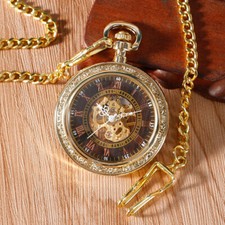 Steampunk Unisex Mechanical Pocket Watch Open Face Pendant Chain Roman Numerals