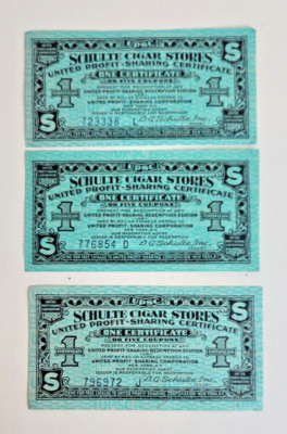 Vintage Schulte Cigar Stores Certificates Profit Sharing Set of Three