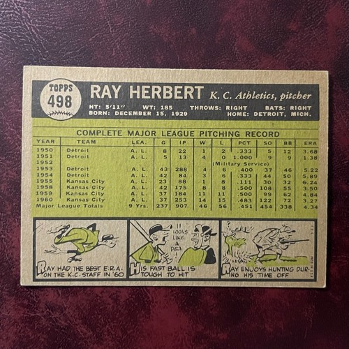 1961 Topps Set RAY HERBERT semi alto #498 KANSAS CITY A'S - EX++ - Foto 2 di 2