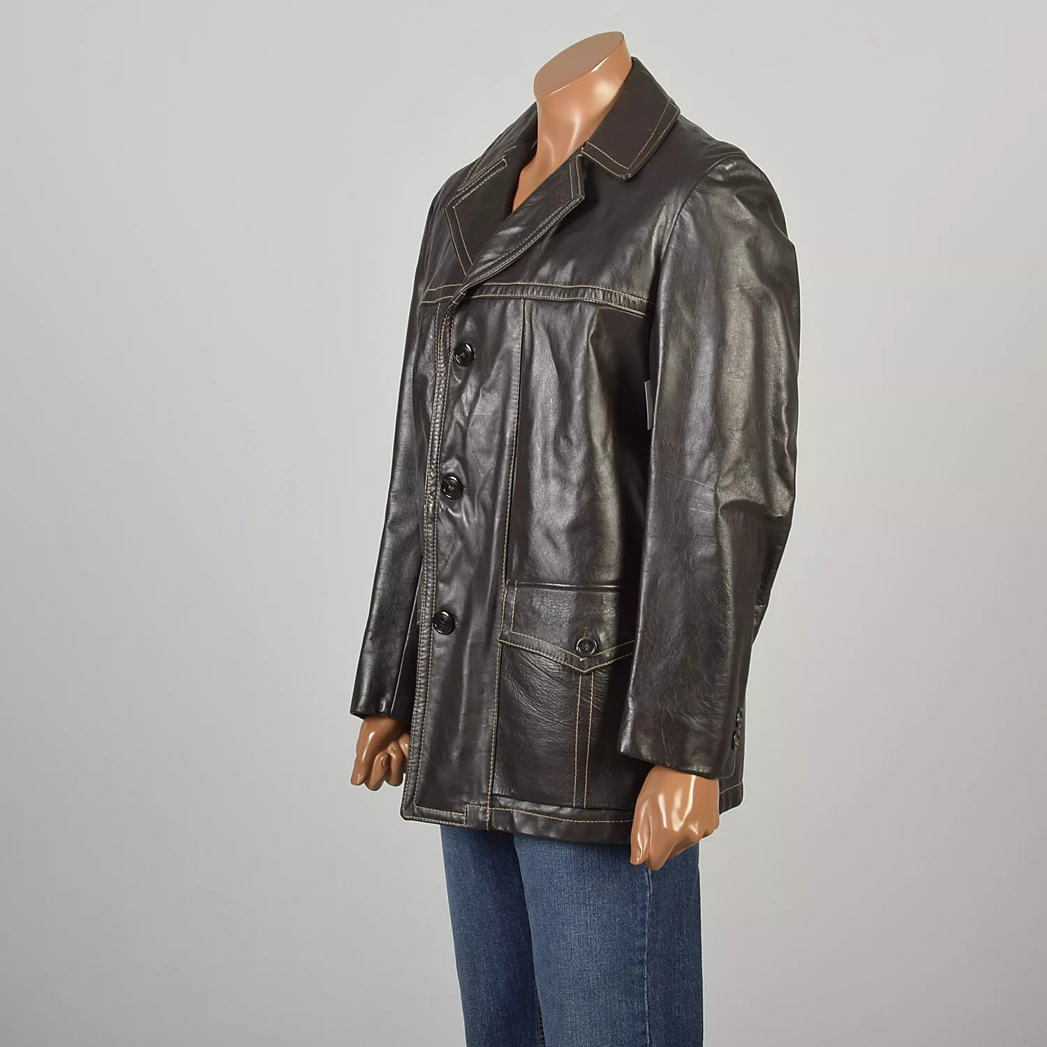  1970s classic leather collared front pockets hip length coat jacket