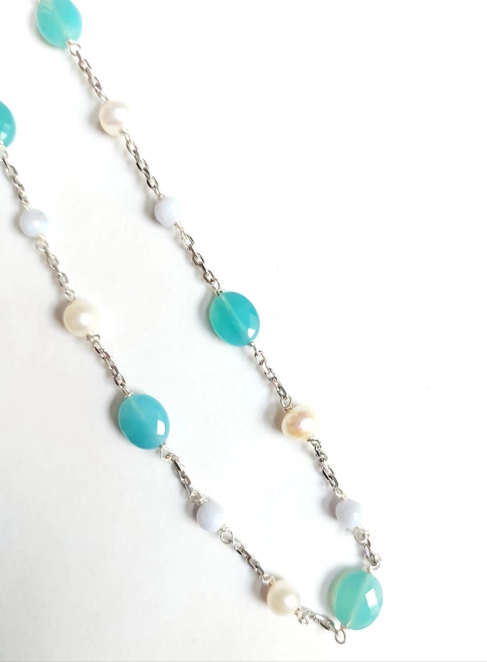 collana in argento 925 con calcedonio, perle di acqua dolce e avventurina ovale - Immagine 4 di 4