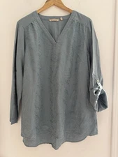 Soft Surroundings WornOnce Blue Linen Popover Embroidered Roll Tab Tunic Top 1X