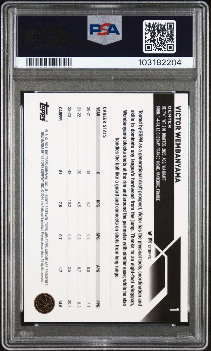 PSA 10 2023-24 Topps Chrome Basketball Victor Wembanyama Rookie RC