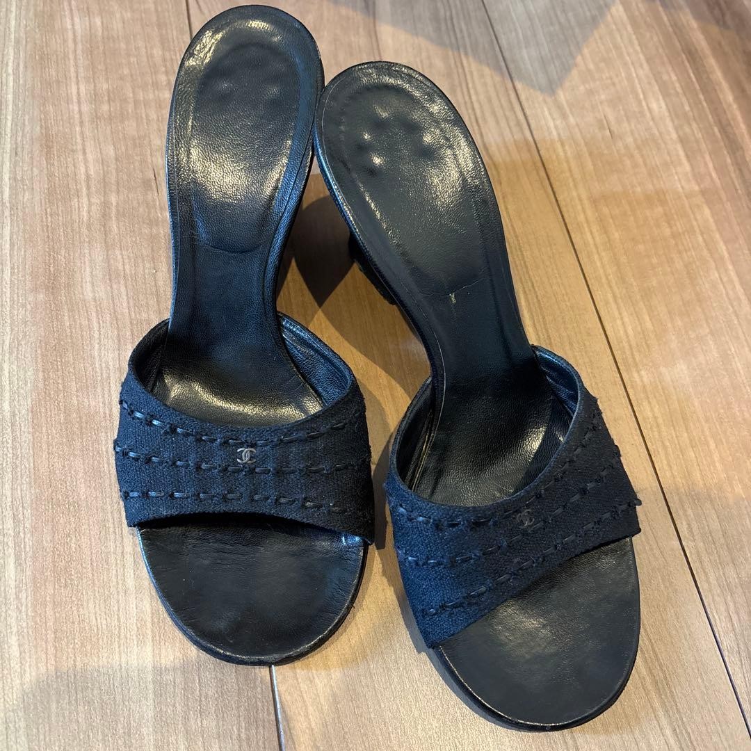 CHANEL Sandals Shoes Mule Cocomark EU 36 US 6 Black Authentic
