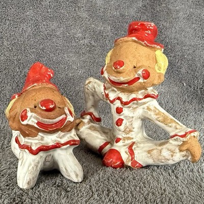 2 Napcoware Clowns Posing Sitting Laying Figurines TerraCotta Red White Glaze