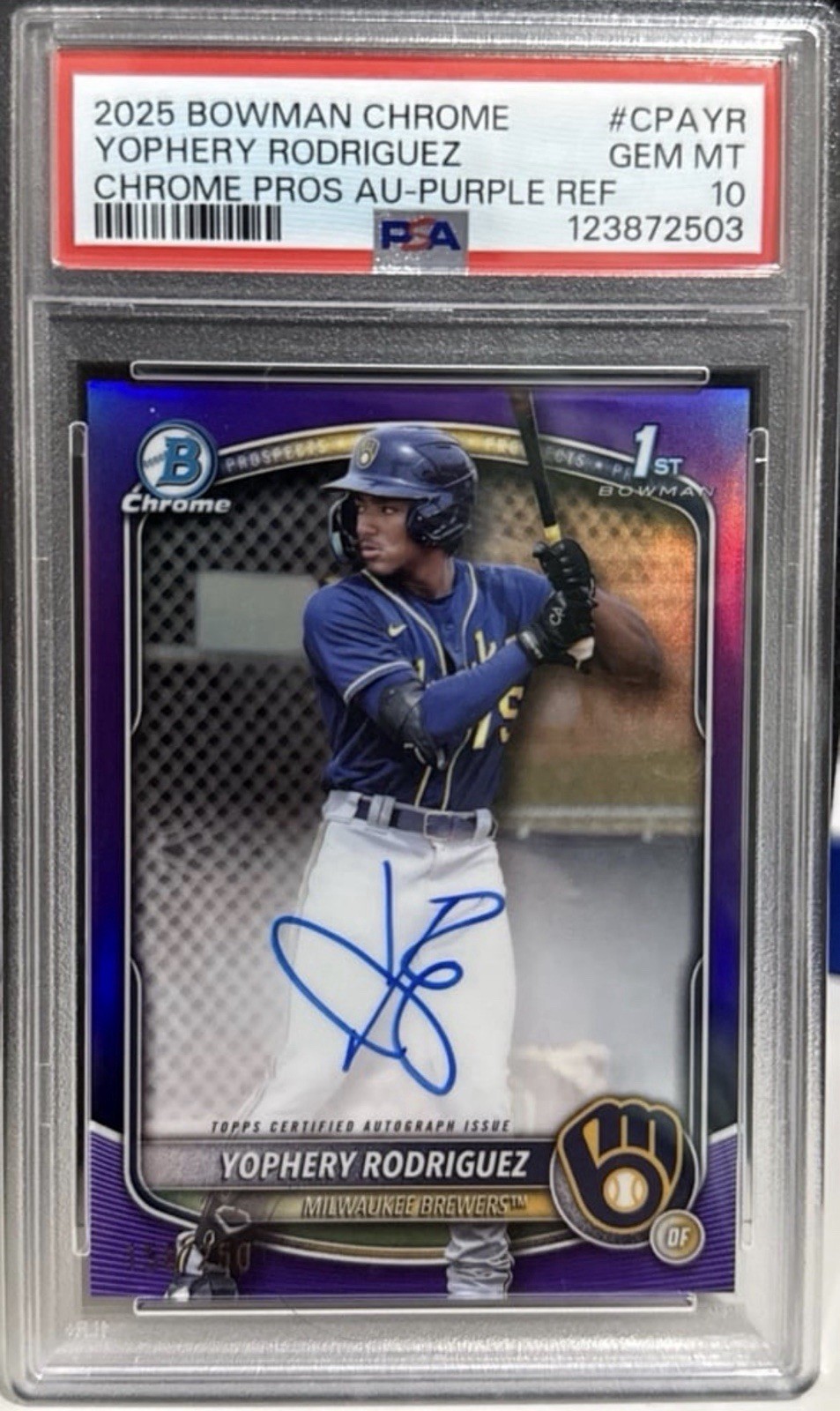 Yophery Rodriguez 2025 Bowman Chrome Prospect 1st Purple Refractor Auto /250