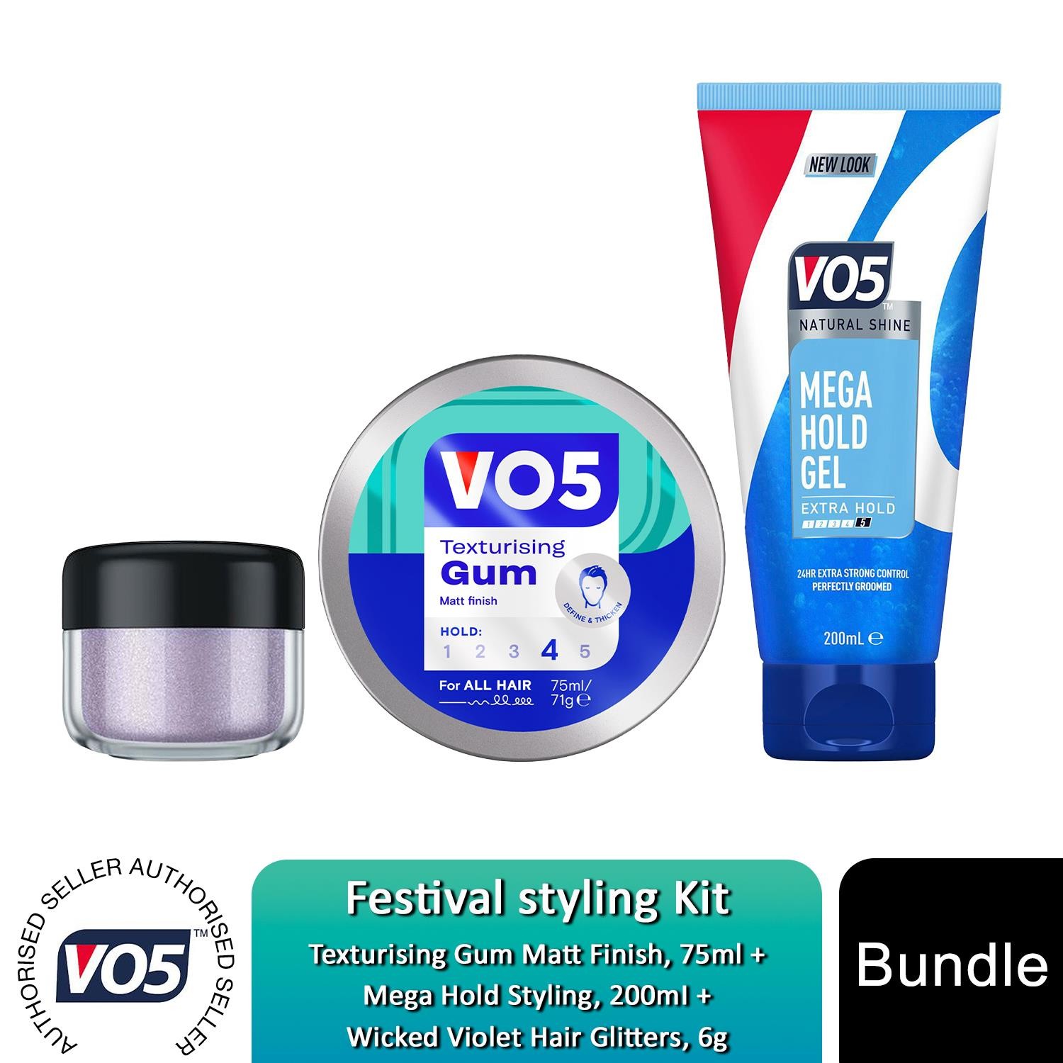 VO5 Styling Set Wicked Violet Glitter, Mega Hold Gel & Texturising Gum
