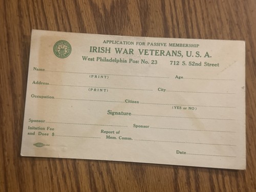 Ww2 Philadelphia Irish War Veterans Membership Application 1954