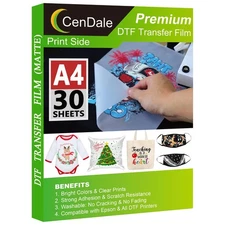 CenDale DTF Transfer Film - A4(8.3" x 11.7") 30 Sheets Double-Sided Matte Cle...