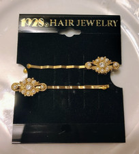 Vtg 1928 Hair Jewelry Gold Tone Faux Pearls  Rhinestone Hairpin Set