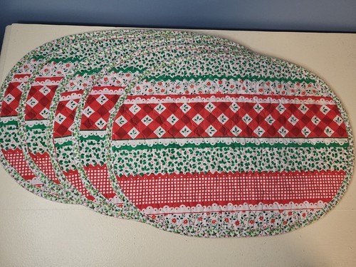 5 - Christmas placemats oval 17 x 12 quilted holly green and red reversible